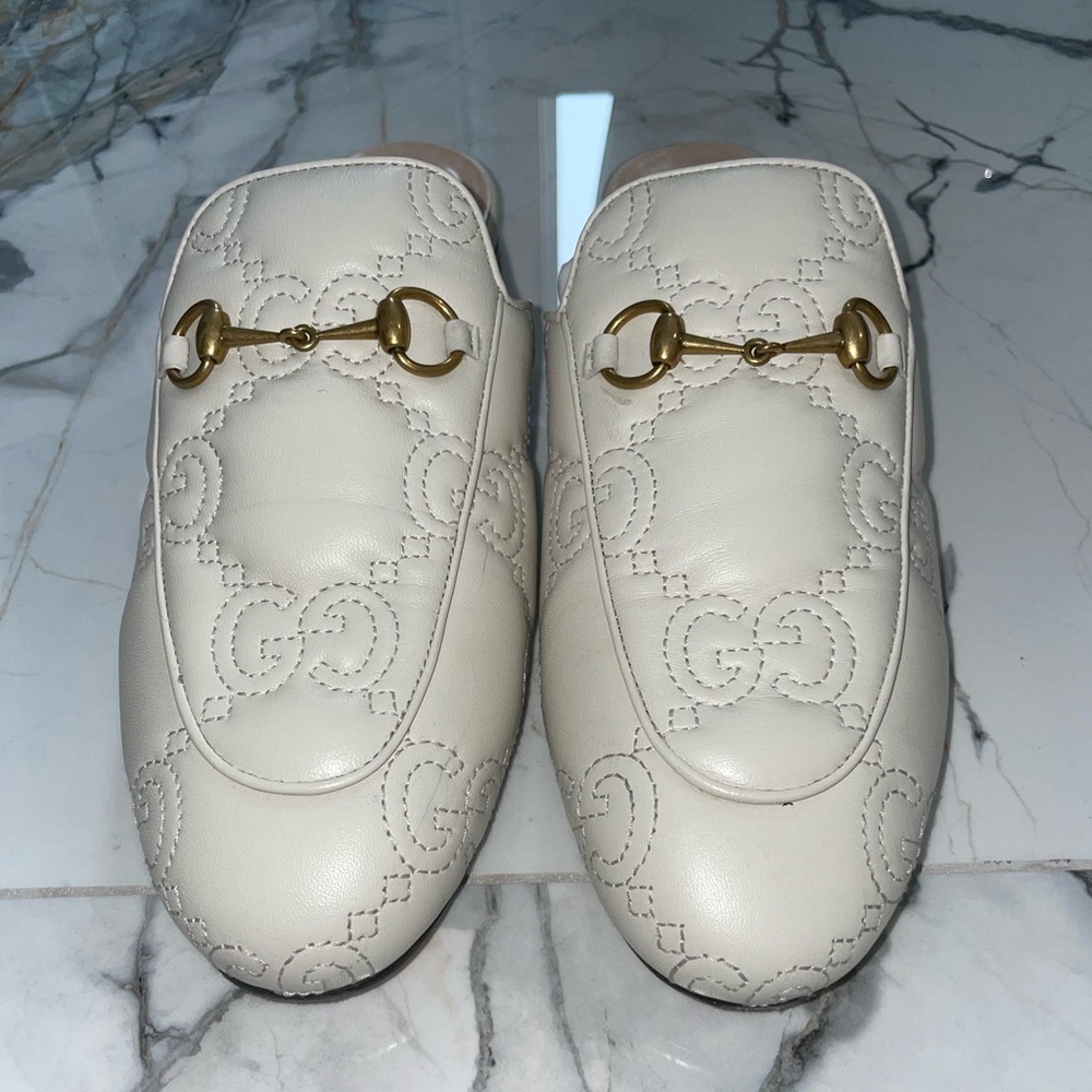 Gucci Women’s GG Off-White Metalassé Leather Princetown Mule Sz 39